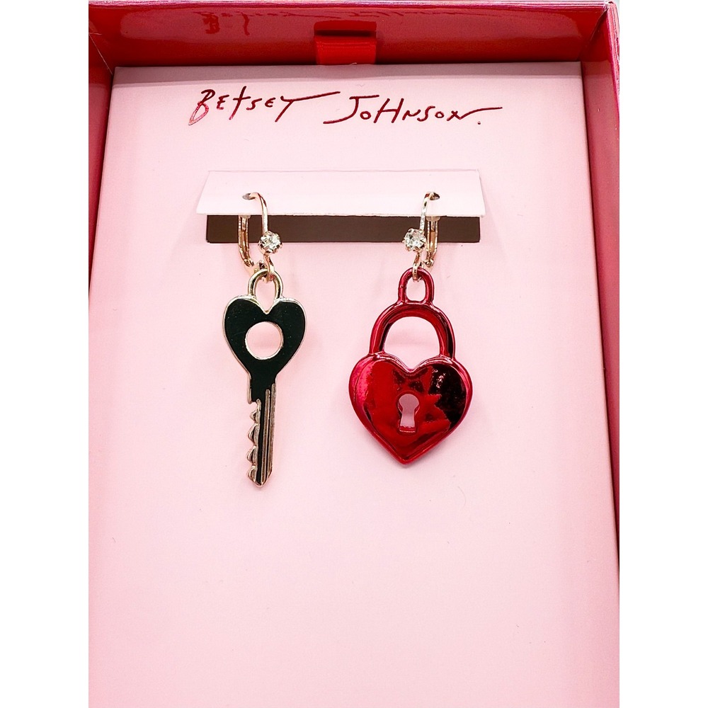 Authentic Betsey Johnson Valentine's Earrings, Lock & Key, Betsey Gift Box NIB